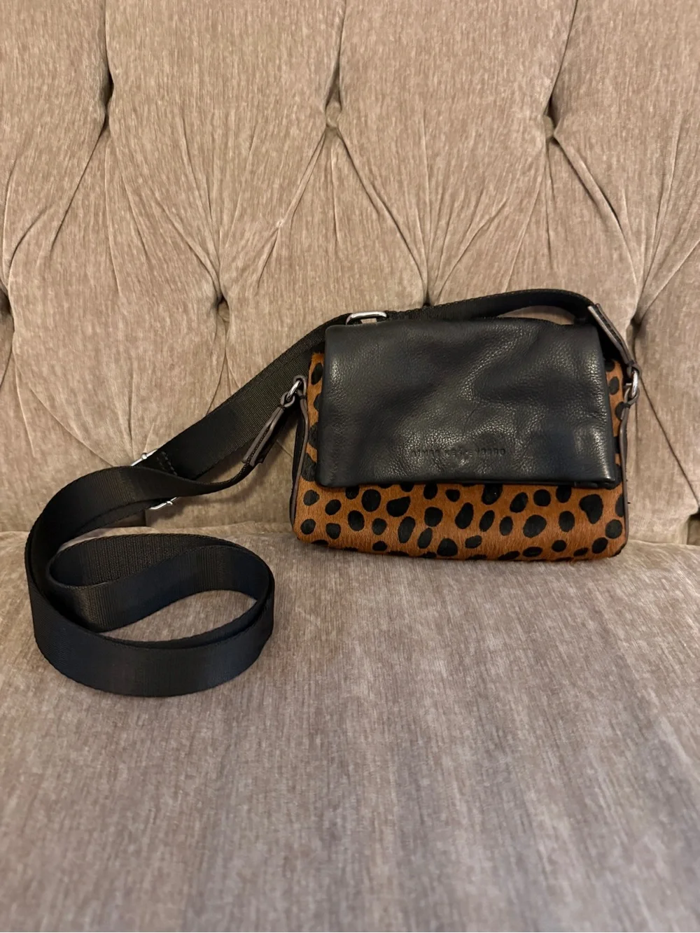 Aimee Kestenberg Black Leather Flap with Brown Leopard Print Crossbody